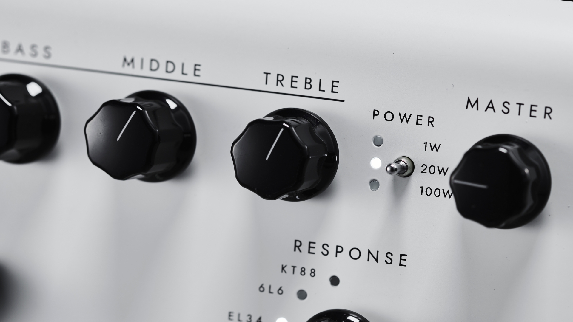 Close up of the controls and switches on a Blackstar Amped 1 amp modeling pedal