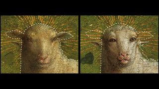 Left: Color image after the 1950s treatment. Right: Color image after the 2019 treatment that removed all of the 16th century overpaint, revealing the face of the Eyckian Lamb. The dotted lines indicate the outline of the head before removal of 16th century overpaint.