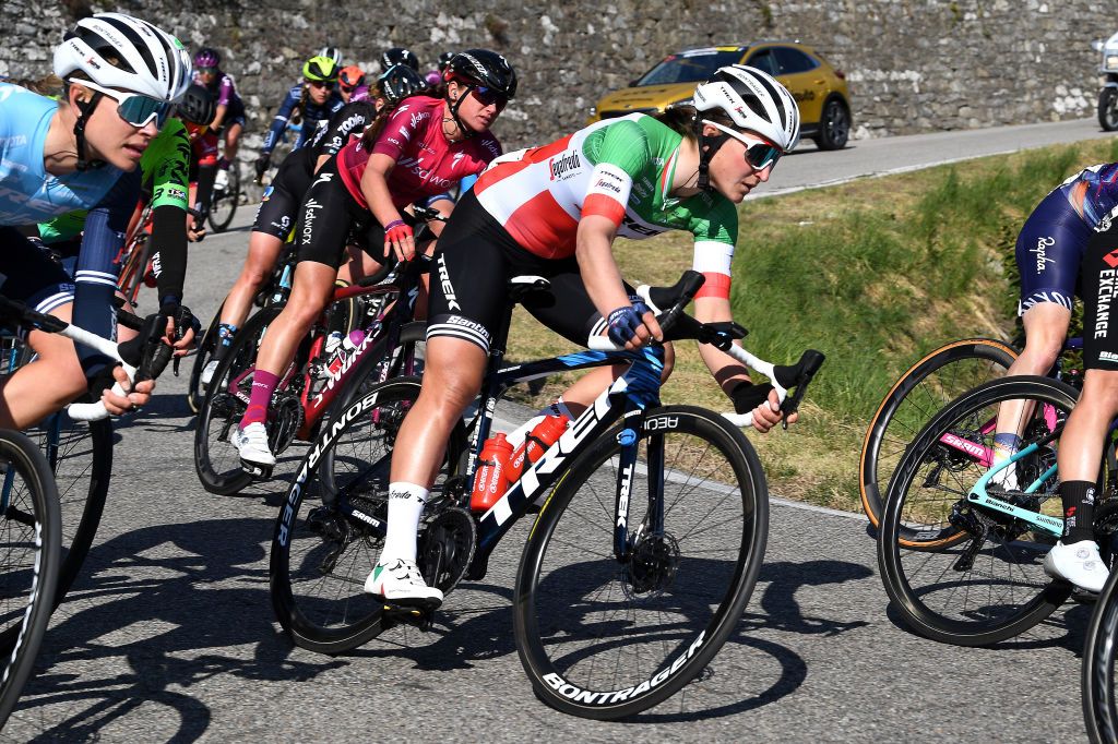 CITTIGLIO ITALY MARCH 21 Chantal Van Den Broek Blaak of Netherlands and Team SD Worx Pink UCI Womens WorldTour Leader Jersey Elisa Longo Borghini of Italy and Team Trek Segafredo during the 45th Trofeo Alfredo BindaComune di Cittiglio 2021 Womens Elite a 1418km stage from Cocquio Trevisago to Cittiglio 257m TrBinda UCIWWT on March 21 2021 in Cittiglio Italy Photo by Tim de WaeleGetty Images