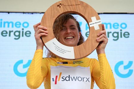EBNATKAPPEL SWITZERLAND JUNE 20 Marlen Reusser of Switzerland and Team SD Worx Yellow Leader Jersey celebrates at podium as overall race winner during the 3rd Tour de Suisse Women 2023 Stage 4 a 1008km stage from EbnatKappel to EbnatKappel UCIWWT on June 20 2023 in EbnatKappel Switzerland Photo by Tim de WaeleGetty Images