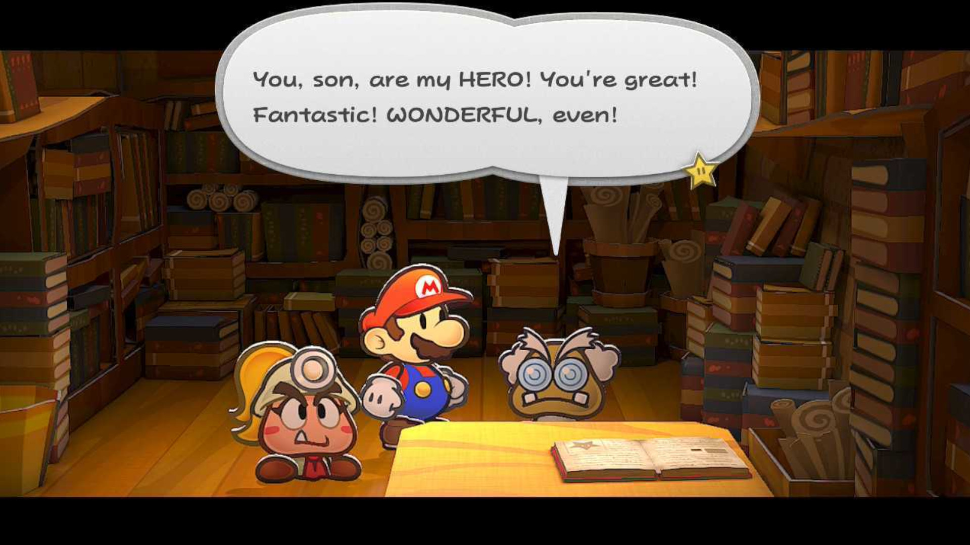 Mario chatting to a Goomba scientist during the RPG Paper Mario: The Thousand-Year Door
