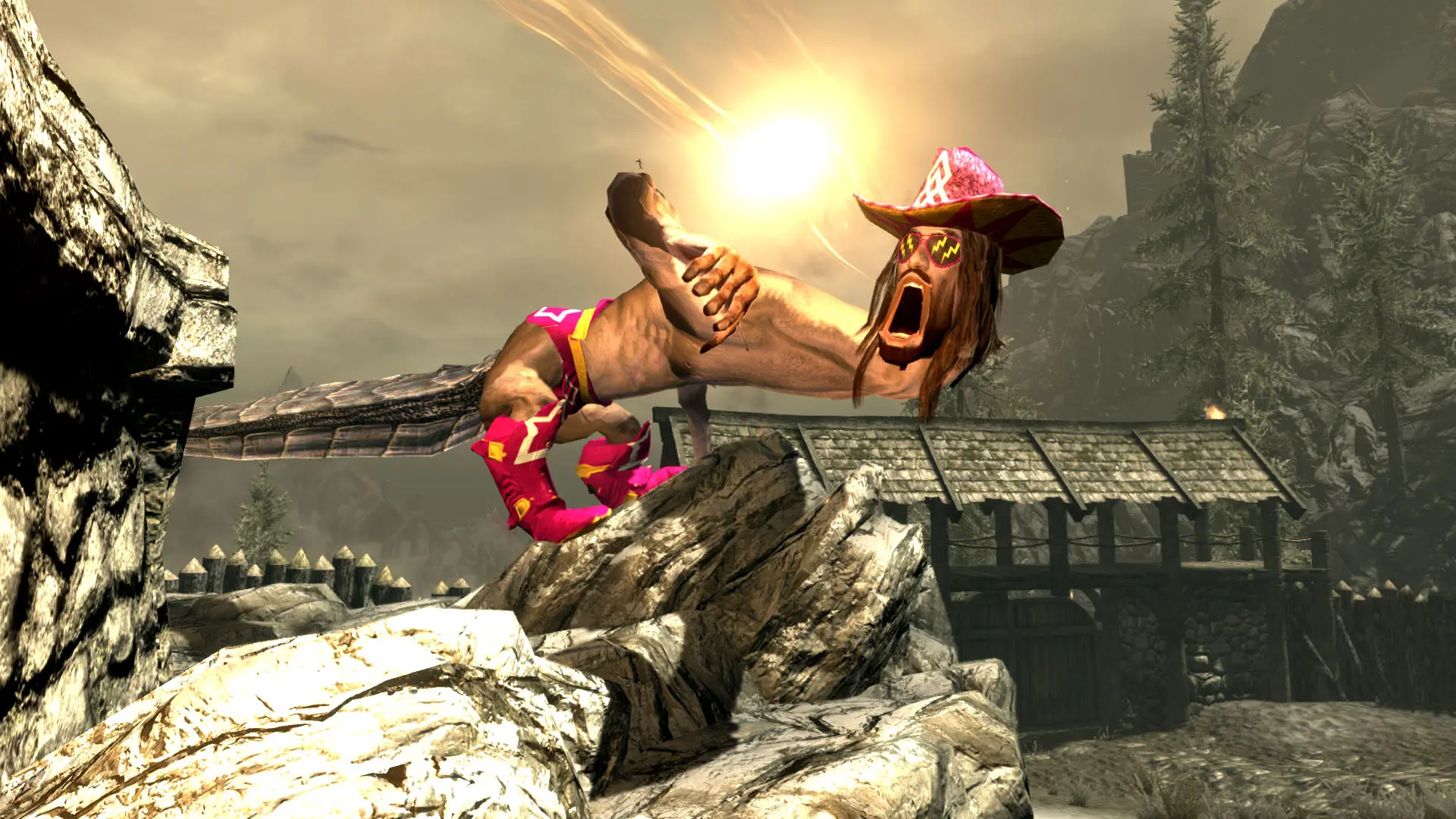 Skyrim mod showing a macho man randy savage dragon