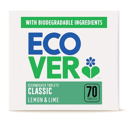 Ecover Classic Dishwasher Tablets, Contains Salt &amp;amp; Rinse Aid, Powerful Cleaning, Lemon &amp;amp; Lime Scent, Pack of 1, 70 Tablets