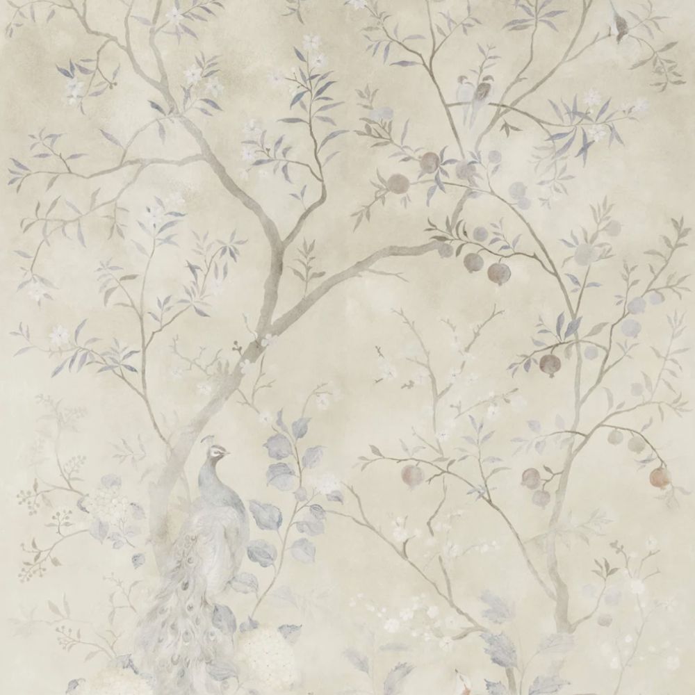 cream patterned wallpaper with branches and birds