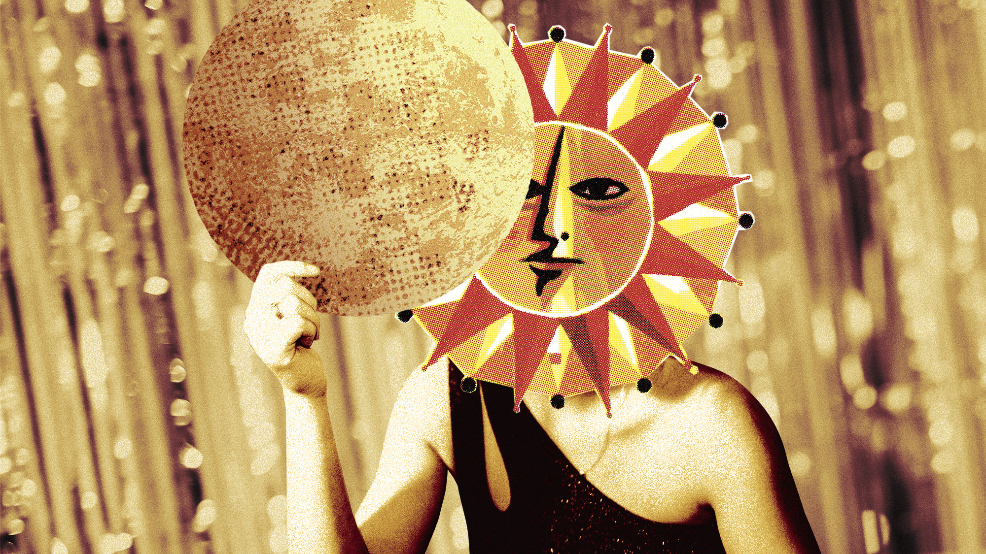 Photo collage of a woman, her face replaced by a vintage illustration of the Sun, hiding behind a paper mask of the Moon
