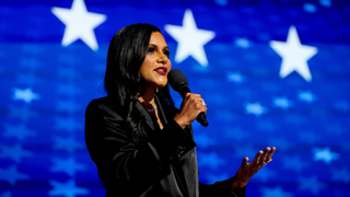 Actress Mindy Kaling speaks during the Democratic National Convention (DNC) at the United Center in Chicago, Illinois, US, on Wednesday, Aug. 21, 2024.