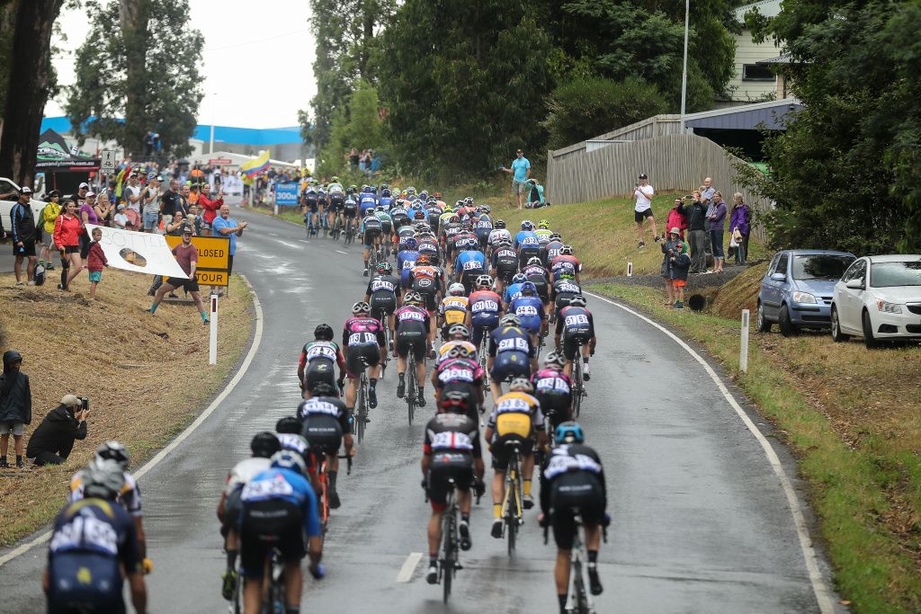 The riders approach the finish/start line