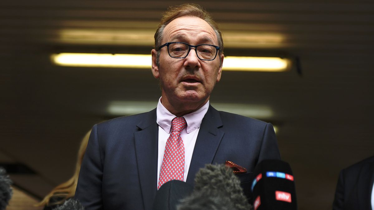 Kevin Spacey speaks to press after leaving court at Southwark Crown Court on July 26, 2023 in London, England. The U.S. actor is the subject of documentary &quot;Spacey Unmasked&quot;