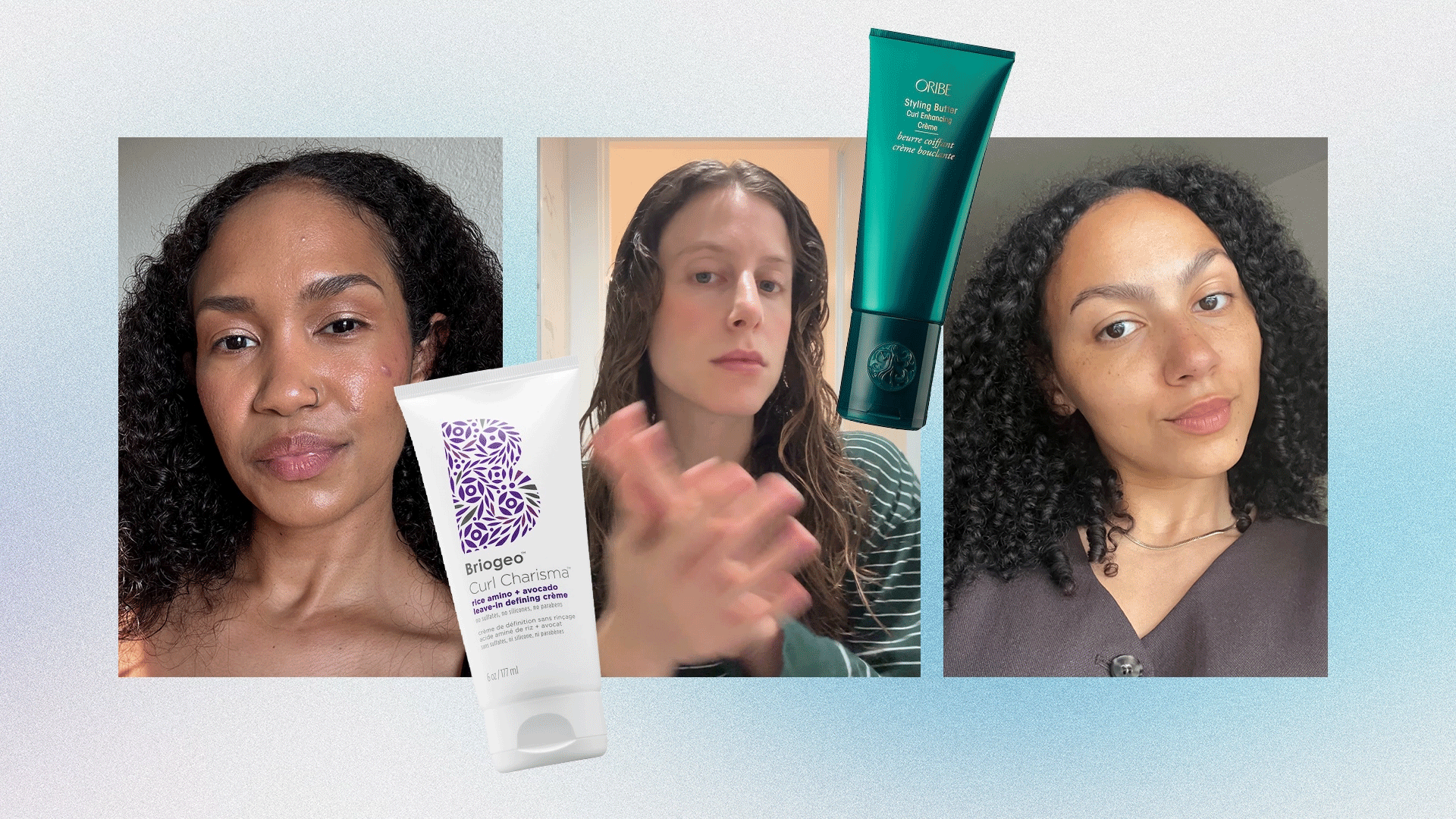 Who What Wear editors Shawna Hudson, Jamie Schneider, and Sabrina Talbert testing the best leave-in conditioners for curly hair. 