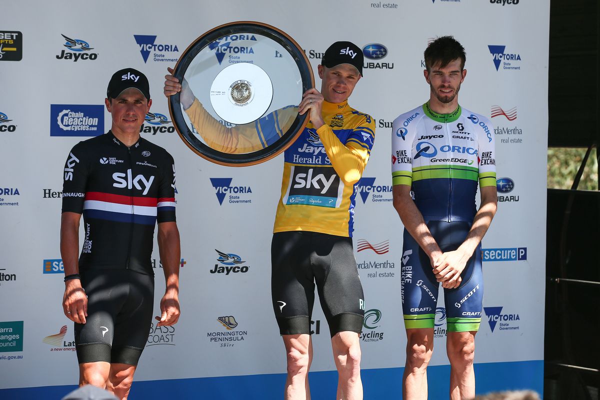 Peter Kennaugh, Chris Froome and Damien Howson on the final podium