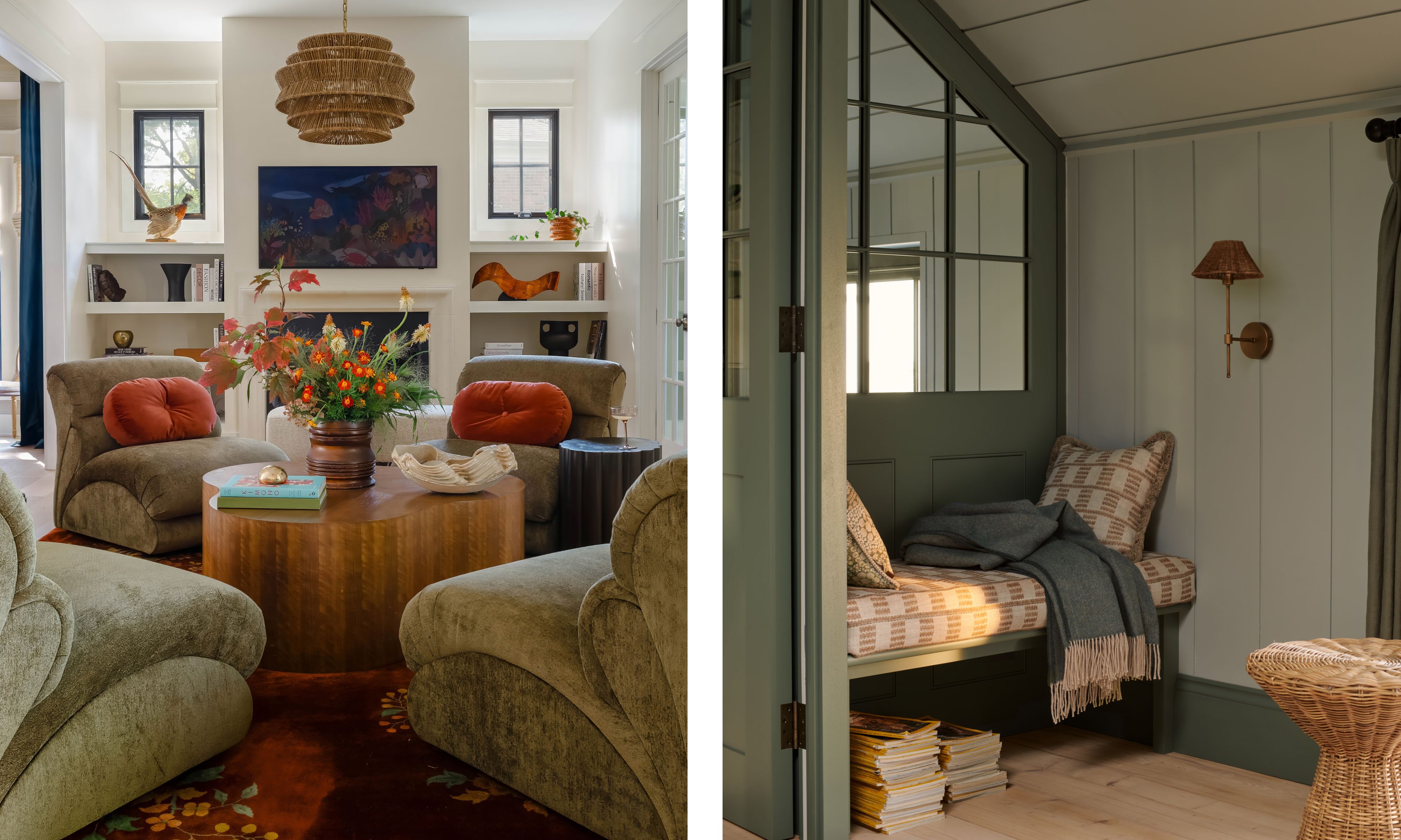 side by side images with a neutral living room on the left with a tv above the fireplace, alcove shelves, and green armchairs on the left and a soft green reading nook space on the right
