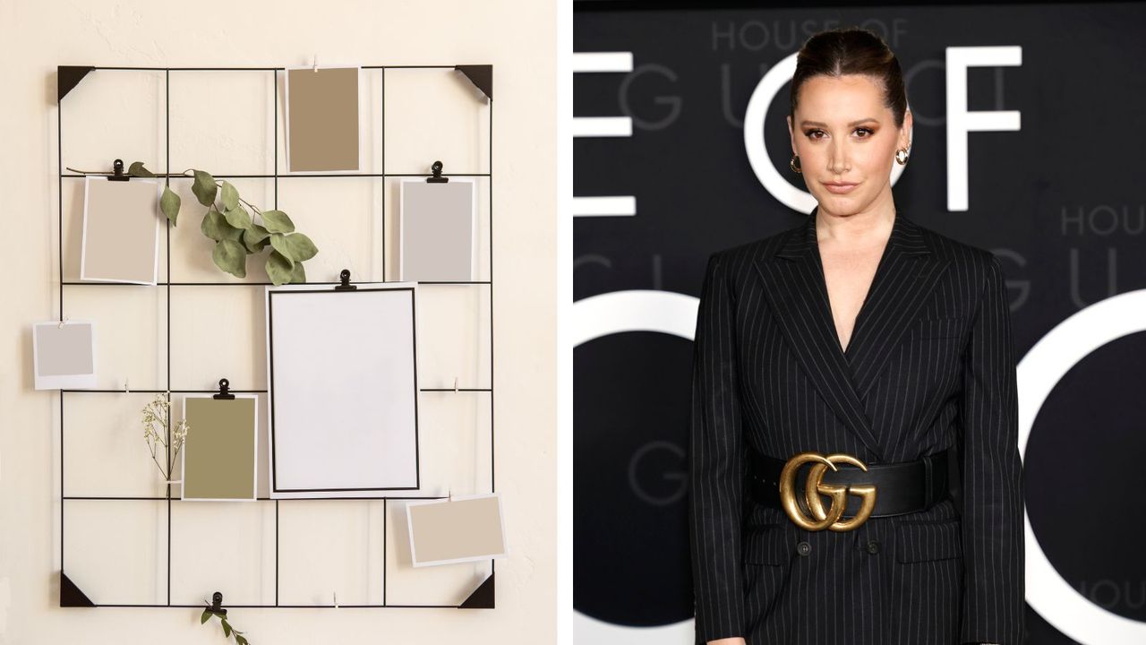 A black gridded mood board on an ivory background next to a pic of Ashley Tisdale in a black pinstripe suit