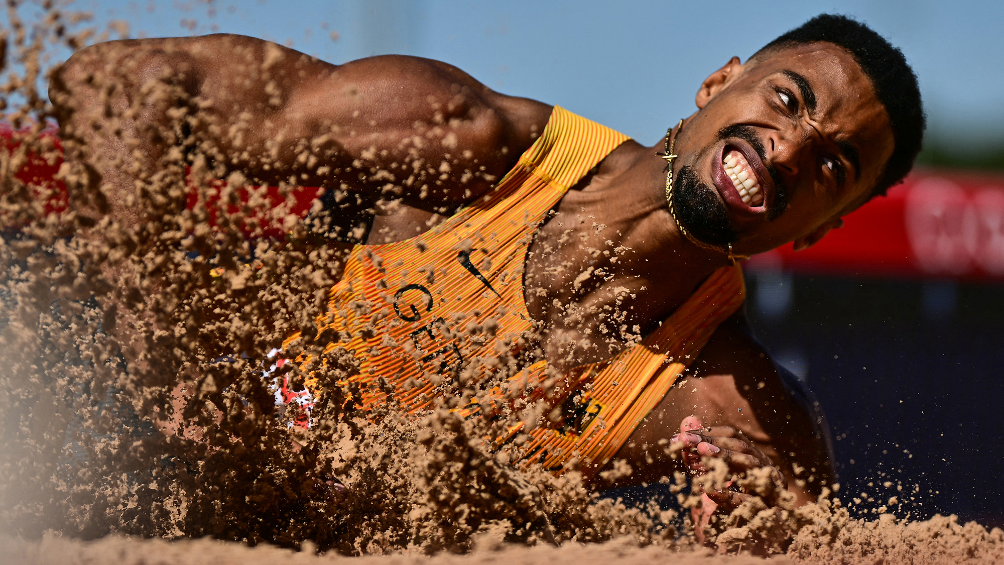 Germany's Leo Neugebauer competes in the men's decathlon long jump during the European Athletics Championships at Alexander Stadium in Birmingham, England