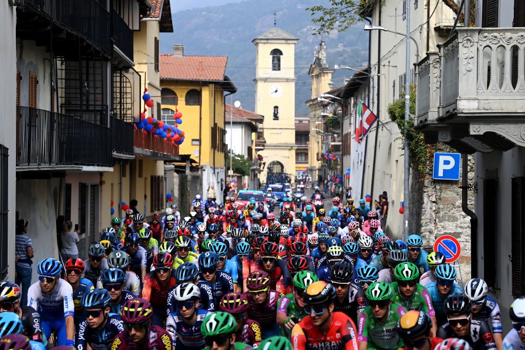 BORGOFRANCO DIVREA ITALY OCTOBER 05 A general view of the peloton competing prior to the 107th Gran Piemonte 2023 a 152km one day race from Borgofranco dIvrea to Favria on October 05 2023 in Borgofranco dIvrea Italy Photo by Tim de WaeleGetty Images