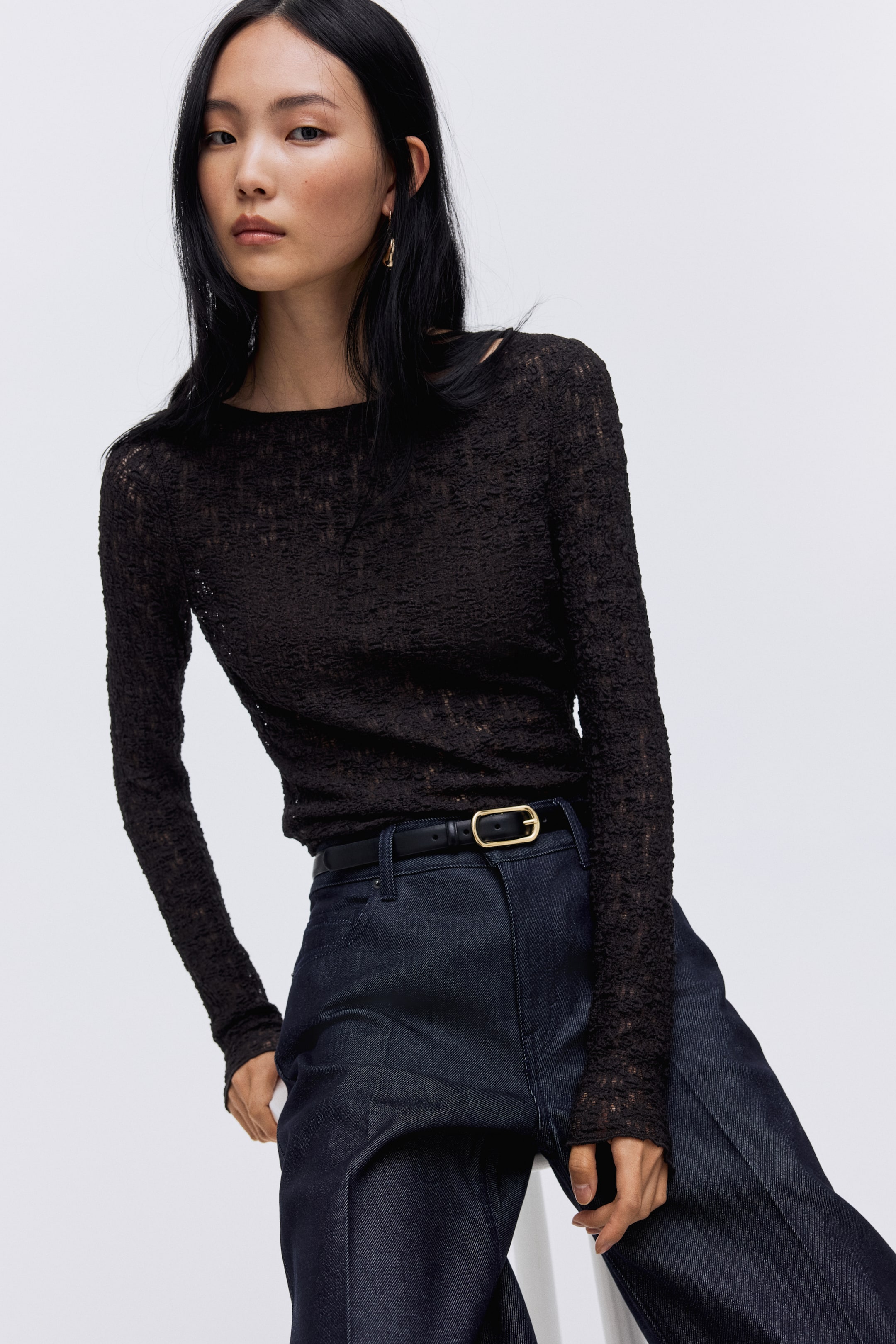 Lace-Look Jersey Top - Black