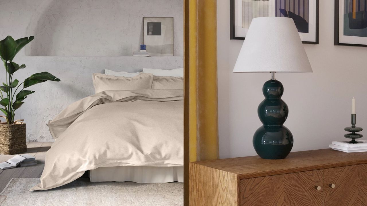 linen bedding and lamp from the marks &amp; spencer home sale