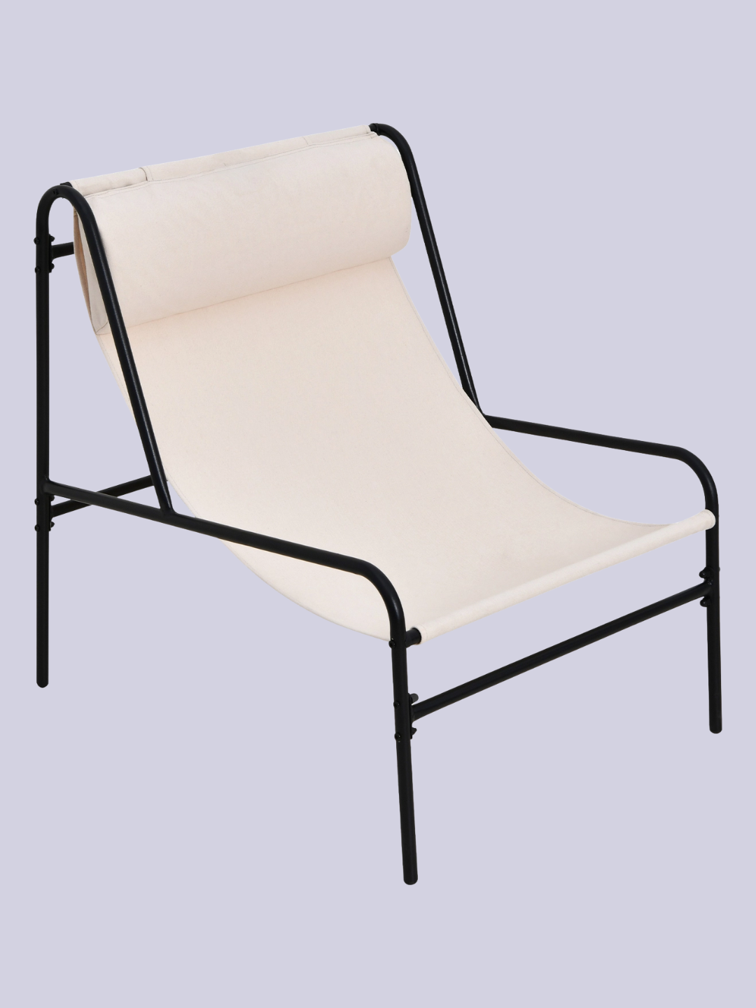 A black tubular garden chair with a cream fabric seat