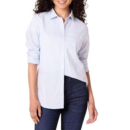 Amazon Essentials Women's Classic-Fit Long-Sleeve Button-Down Poplin Shirt, French Blue, Stripe, X-Large