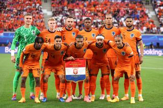 Players of Netherlands pose for a team photograph prior to the UEFA EURO 2024 group stage match between Netherlands and France at Football Stadium Leipzig on June 21, 2024 in Leipzig, Germany.