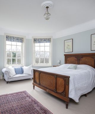 Powder blue bedroom in Mick Fleetwood’s house in East Hampshire