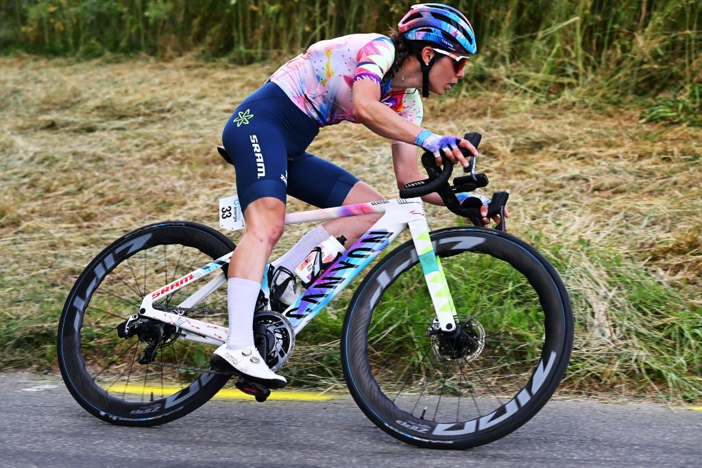 WEINFELDEN SWITZERLAND JUNE 17 Elise Chabbey of Switzerland and Team CanyonSRAM Racing competes in the breakaway during the 3rd Tour de Suisse Women 2023 Stage 1 a 56km stage from Weinfelden to Weinfelden UCIWWT on June 17 2023 in Weinfelden Switzerland Photo by Dario BelingheriGetty Images