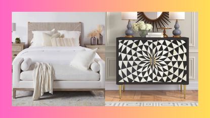 Wayfair furniture, one bedroom bench in cream in neutral bedroom and a black and white patterned cabinet in a hallway on a gradient background