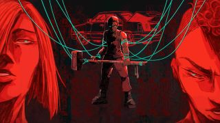 A figure bound with wires and wielding a sledgehammer stands between two half-occluded faces.