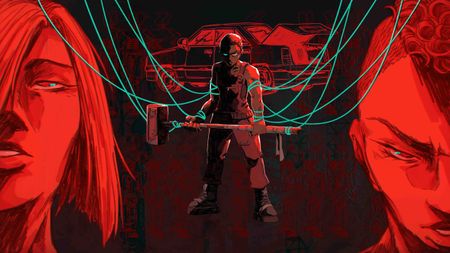 A figure bound with wires and wielding a sledgehammer stands between two half-occluded faces.
