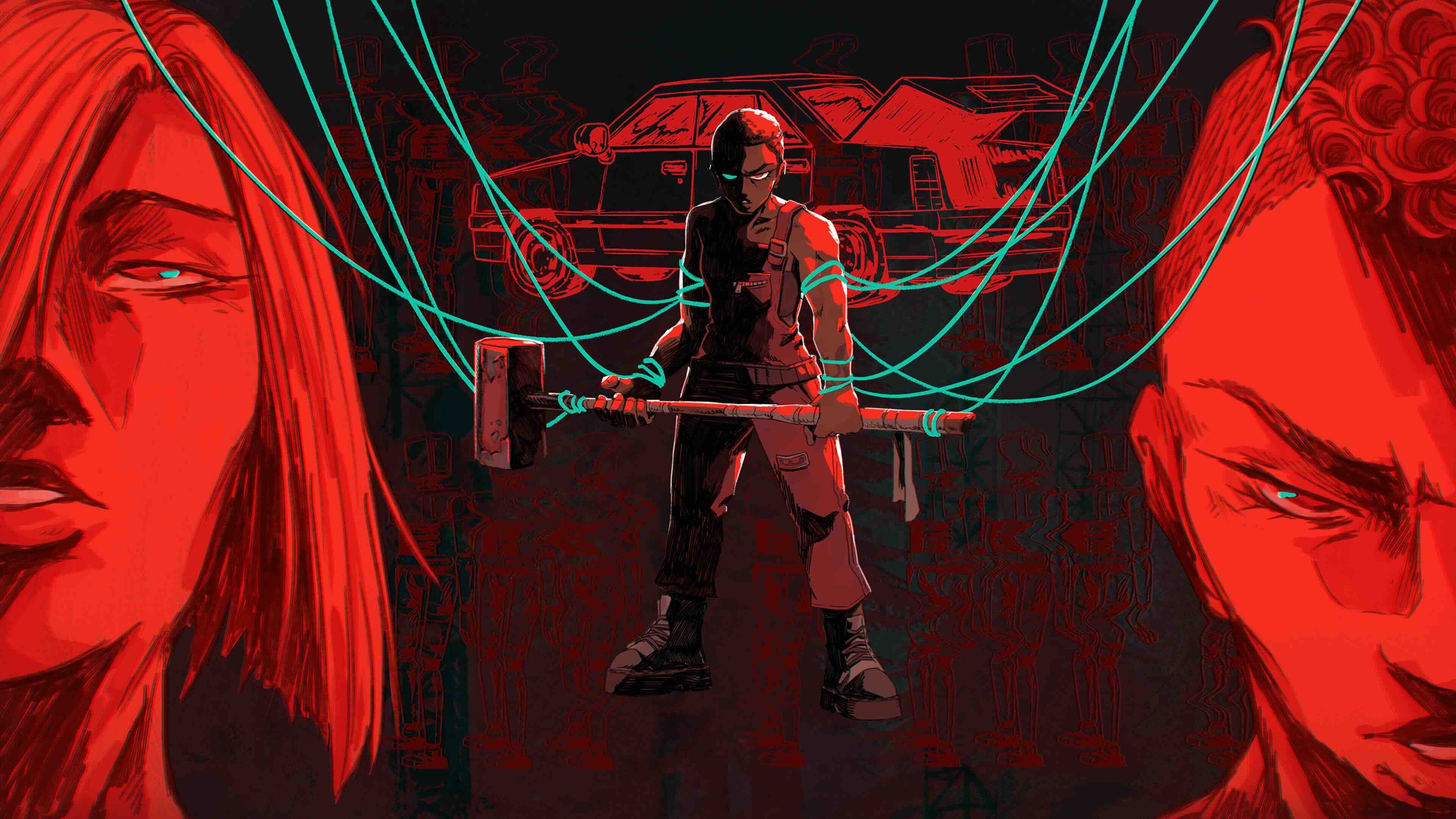 A figure bound with wires and wielding a sledgehammer stands between two half-occluded faces.