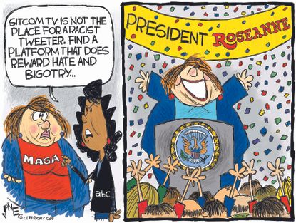 Political cartoon US Roseanne Barr television sitcom racism bigotry Trump