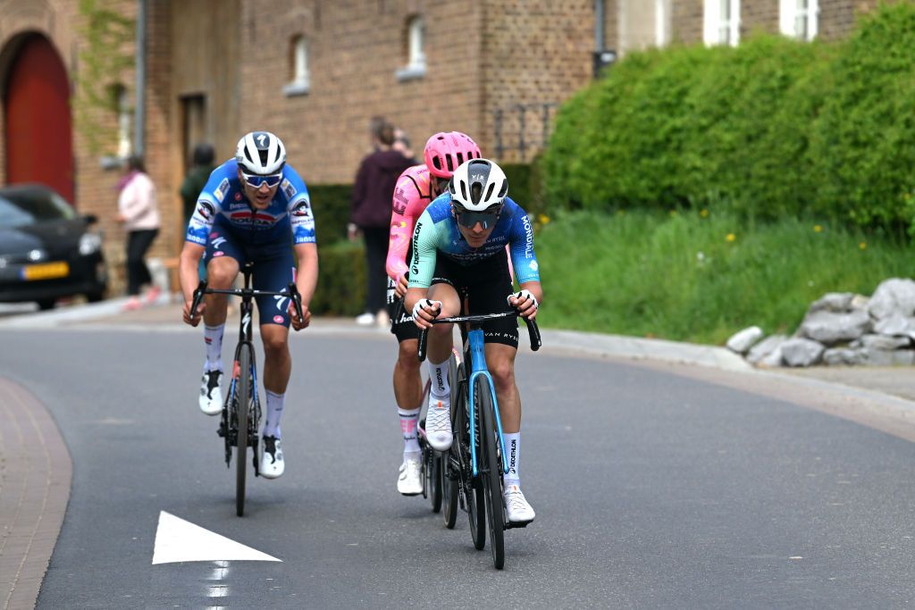 Louis Vervaeke (Soudal QuickStep), Mikkel Honore (EF Education EasyPost), and Paul Lapeira (Decathlon AG2R La Mondiale) attack during Amstel Gold Race