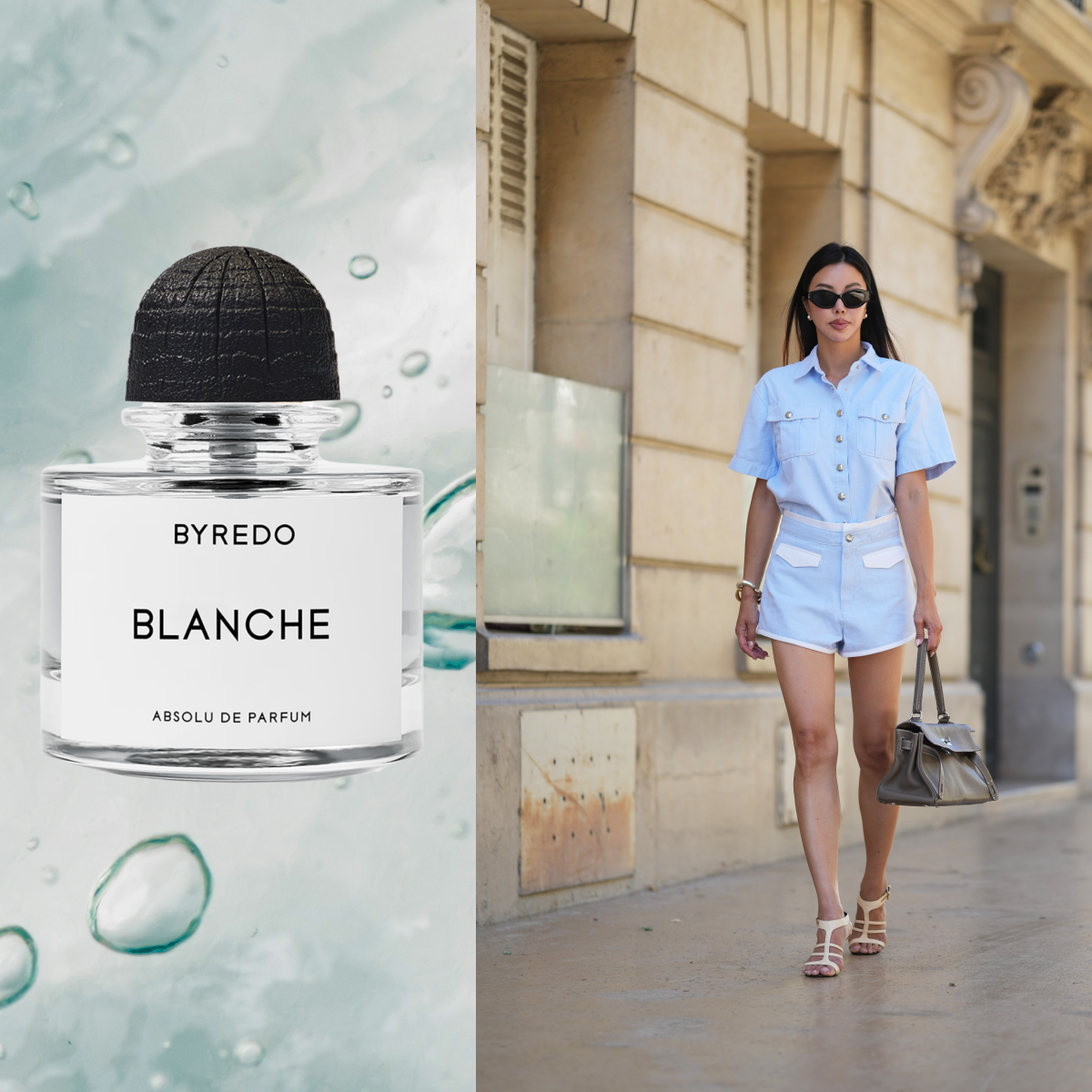 A woman wearing a light blue shorts set and holding a grey purse wearing white shoes is flanked by two clear bottles of perfume. All are in front of a macroshot of a clear gel used as a backdrop. 