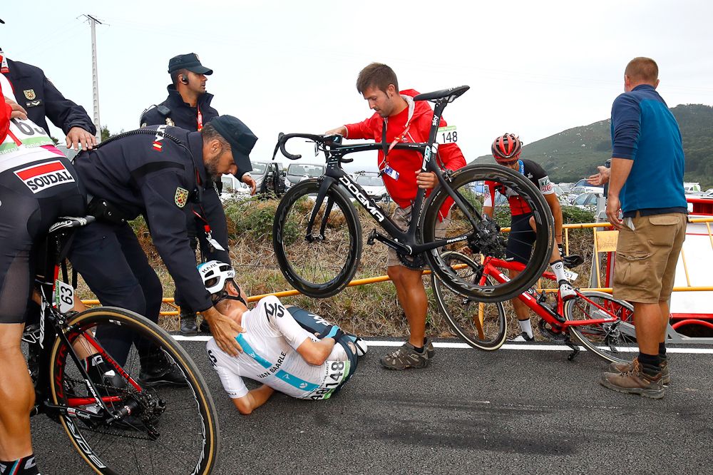 Dylan Van Baarle (Team Sky) lays on the ground after crashing following the finish of stage 12 at the Vuelta
