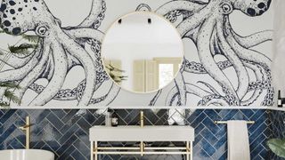 giant octopus patterned wallpaper in bathroom with blue herringbone wall tiles