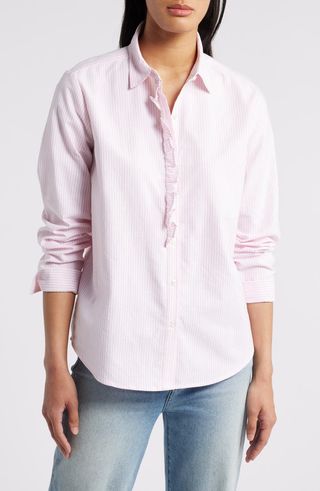 Emersyn Cotton Button Down Shirt with Ruffle Trim and Stripes