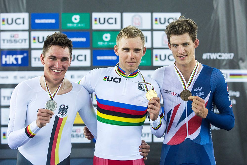 Lucas Liss, Adrian Teklinsky and Christopher Latham on the scratch race podium