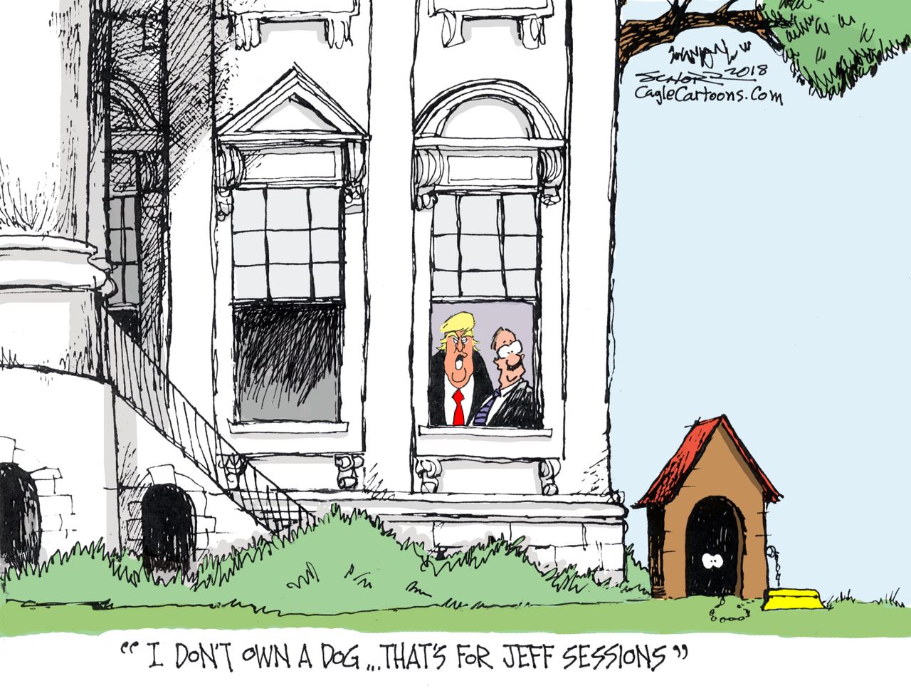 Political cartoon U.S. Trump Jeff Sessions doghouse