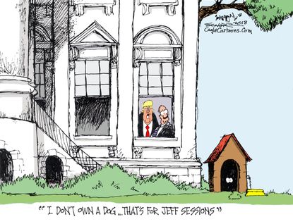 Political cartoon U.S. Trump Jeff Sessions doghouse