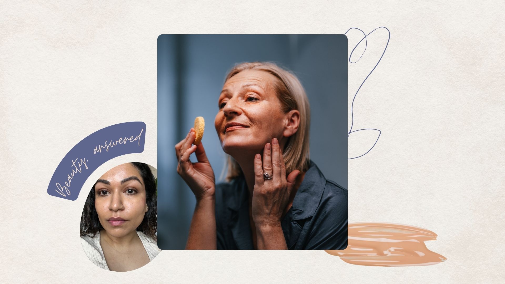 woman applying foundation, next to a badge of Aleesha's face and a title reading 'beauty, answered'