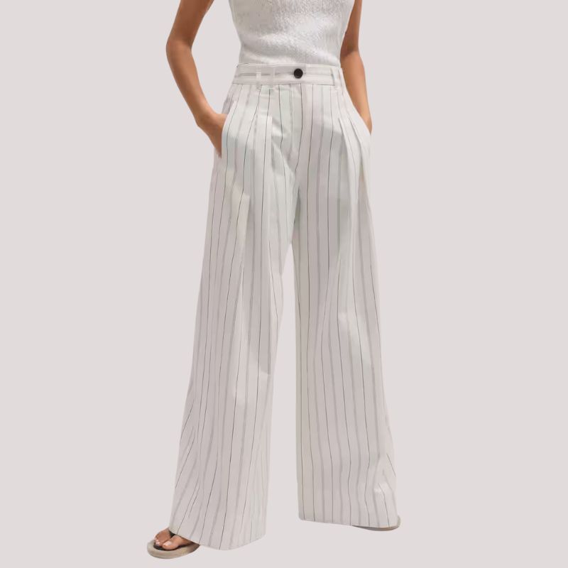 Italian Cotton Multi Stripe Double Pleat Wide-Leg Trouser on model 
