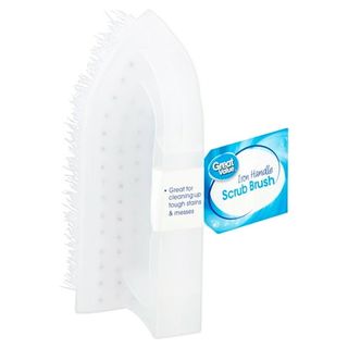 A white scrubbing brush with blue Great Value label