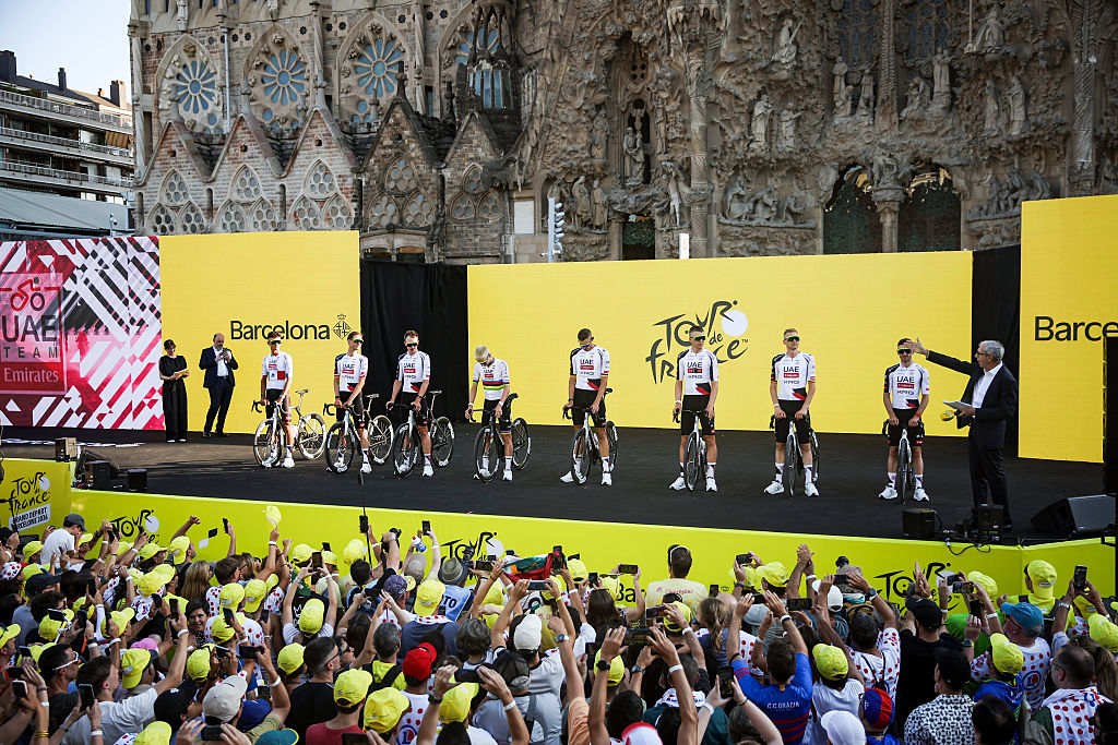 Tadej Pogacar and his UAE Team Emirates-XRG team at the 2026 Tour de France team presentation in Barcelona, Spain. (Photo by Gongora/NurPhoto via Getty Images)