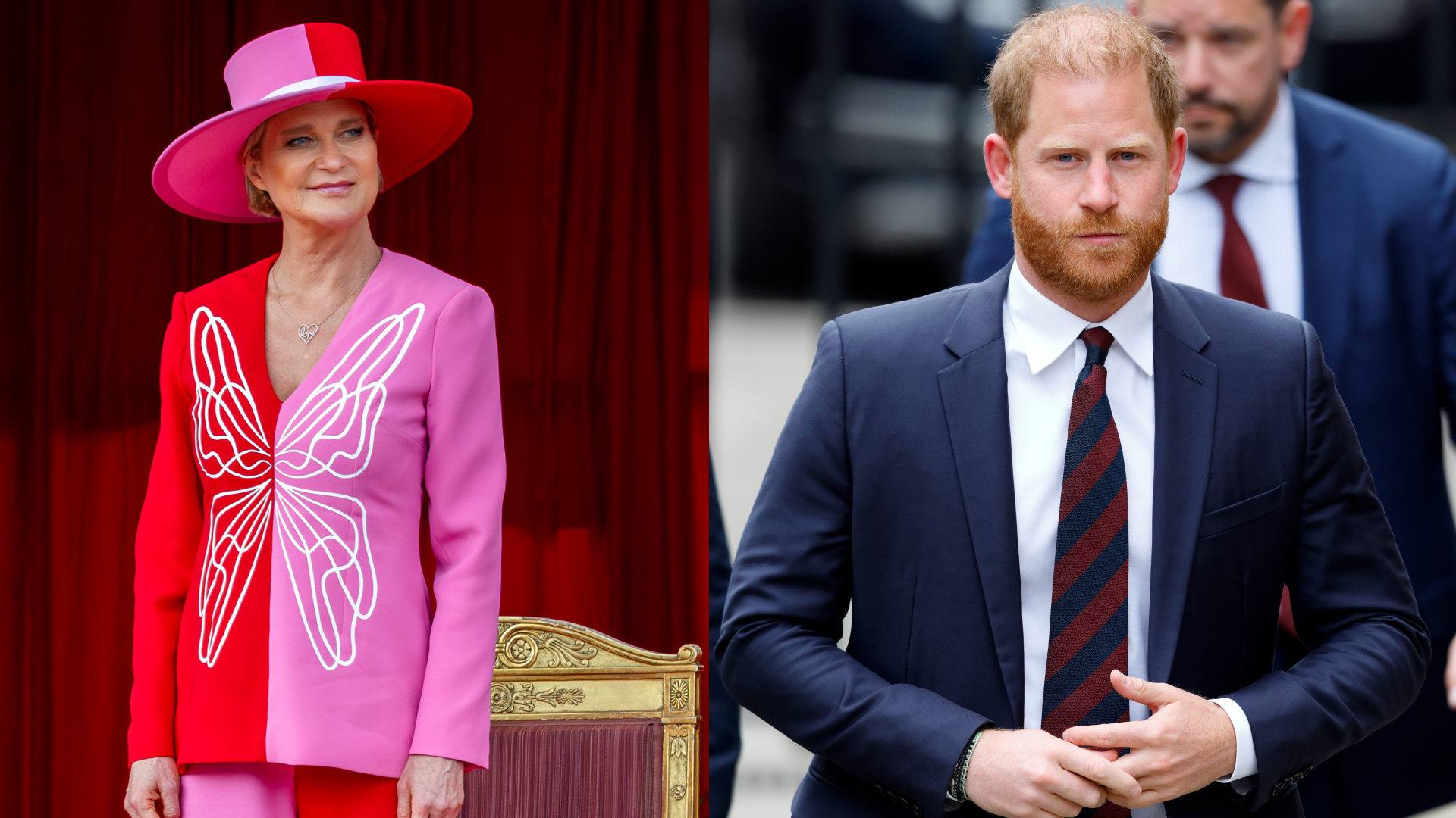 Princess Delphine wearing a red and pink suit with a butterfly; Prince Harry wearing a blue suit and striped tie