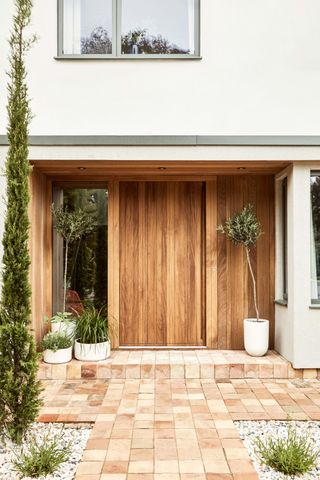 Wooden front door with an olive tree planted in a white pot