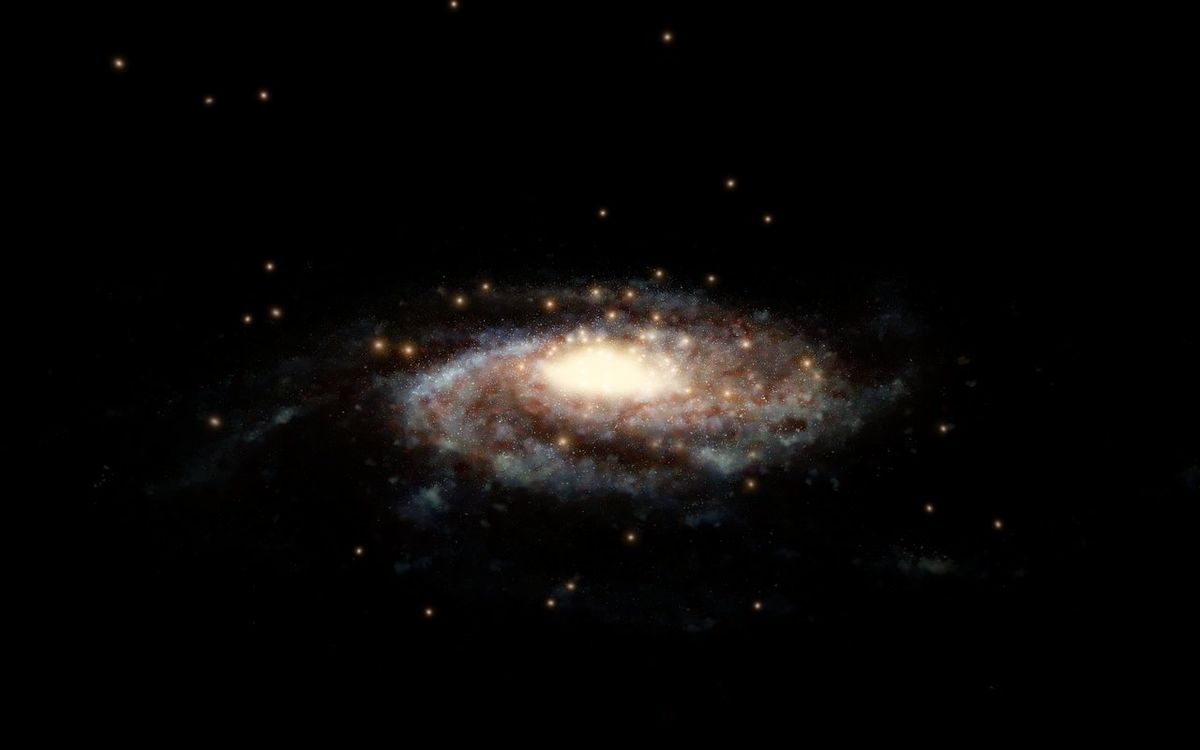 This artist&#039;s illustration shows a computer-generated model of the Milky Way and some globular clusters surrounding it. Astronomers used measurements of these clusters to pin down the Milky Way&#039;s mass at 1.5 trillion times that of the sun.