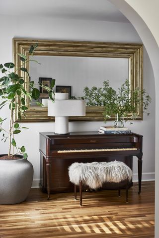 living room with piano