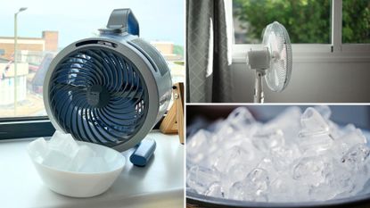 composite of fan in front of bowl of ice, electric fan in bedroom and bowl filled with ice