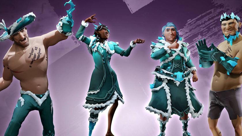 Sea of Thieves Twitch Drops Frozen Horizon gear set worn across four different pirates