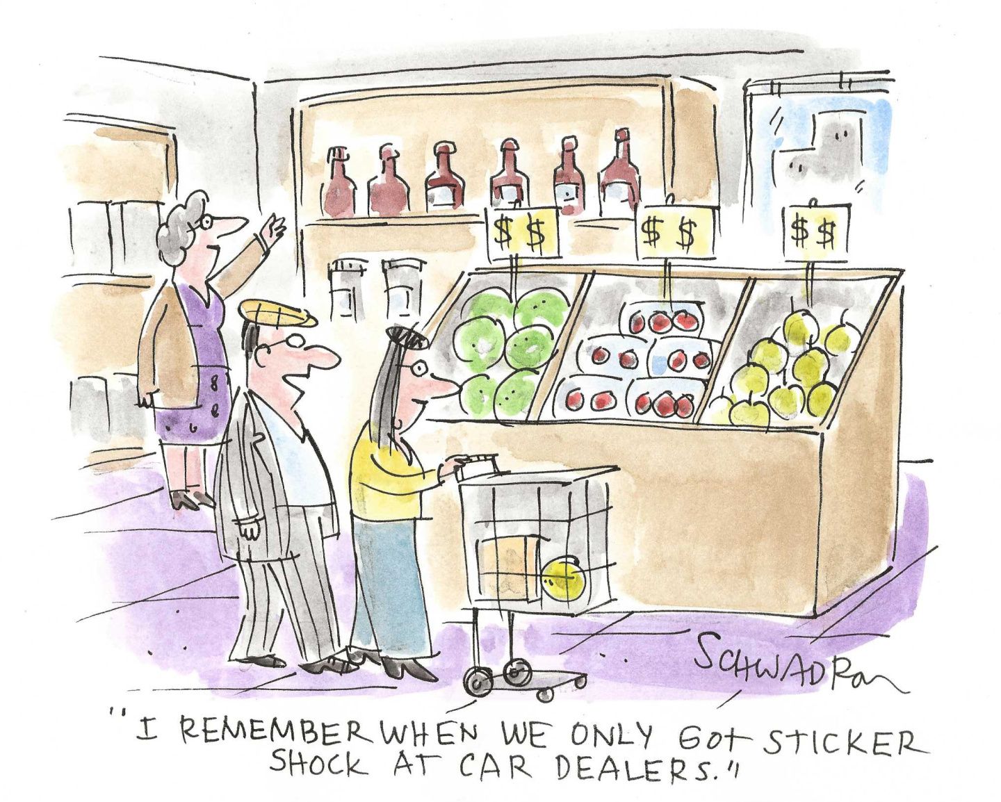 
                                A woman and a man are in a grocery store shopping. The man says, “I remember when we only got sticker shock at car dealers.”
                            