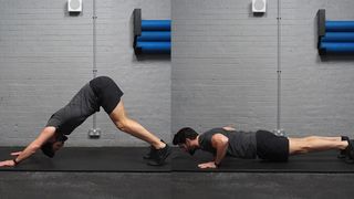 Trainer Luke Goulden demonstrates two positions of the divebomber press-up
